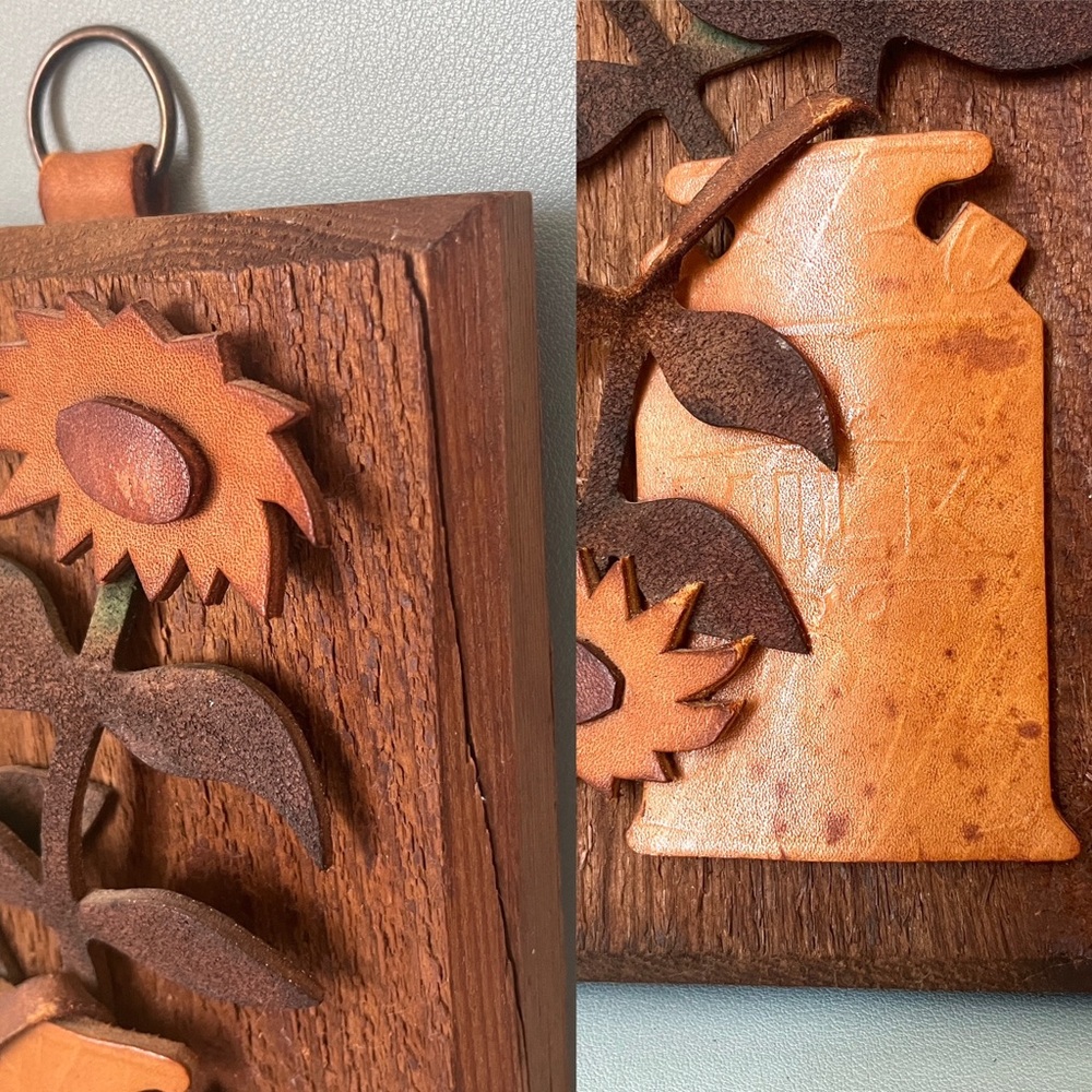 Vintage Leather Plaque Handmade Mid Century Flower 3D Sculpture Wall Decor - Picture 5 of 7